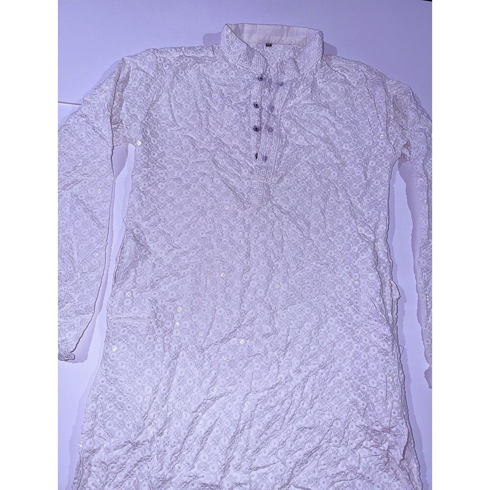 Luxury White Cotton Mens Kurta Embroidered, Long Sleeve, Stand Collar, Shiny s38